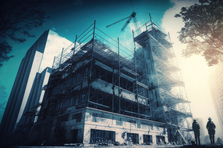 construction engineering over city center scaffolding near building, created with generative aiの素材