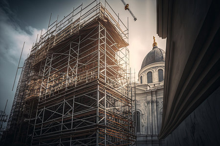 construction engineering over city center scaffolding near building, created with generative aiの素材