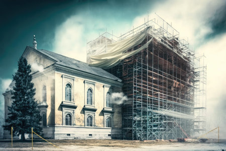 construction of scaffolding near building for repair and restoration works, created with generative aiの素材