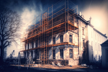 construction of scaffolding near building for repair and restoration works, created with generative aiの素材