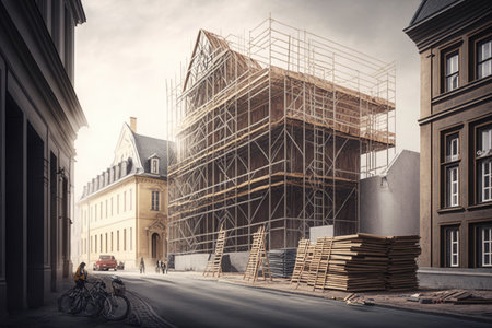 construction of scaffolding near building on road in street, created with generative aiの素材