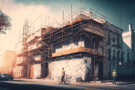 construction of scaffolding near building on road in street, created with generative aiの素材