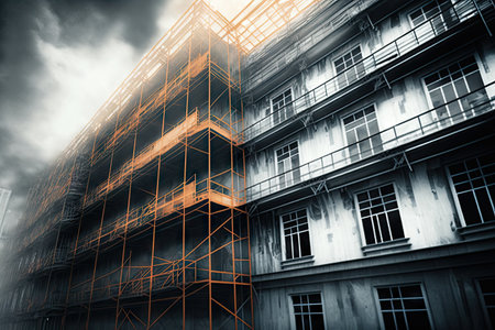 construction of steel construction to repair apartments scaffolding near building, created with generative aiの素材