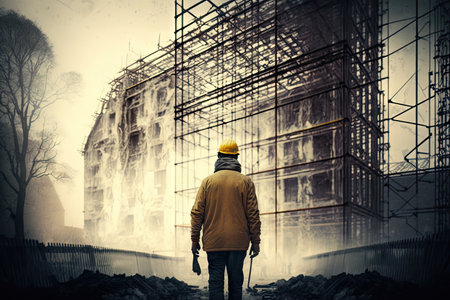man walking along construction site and looking at scaffolding near building, created with generative aiの素材