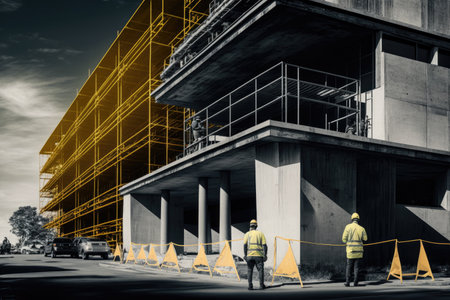 construction workers on site outside building in progress with scaffolding near building, created with generative aiの素材