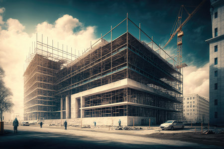 construction of new building and scaffolding near building, created with generative aiの素材