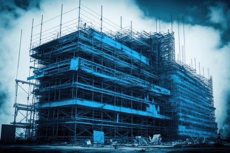 large lots of blue scaffolding near building on construction site, created with generative aiの素材