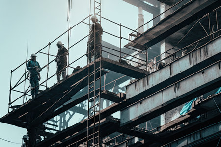 workers on rooftop of buildings in process of repair work with welding and scaffolding near building, created with generative aiの素材