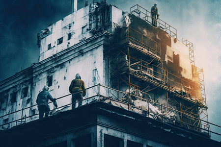 workers on rooftop of buildings in process of repair work with welding and scaffolding near building, created with generative aiの素材
