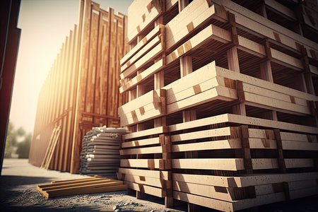 stacks of wooden planks for construction scaffolding near building, created with generative aiの素材