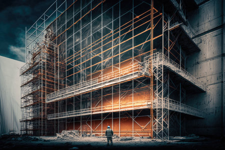 creation of construction engineering structures for repair and renovations of buildings in process scaffolding near building, created with generative aiの素材