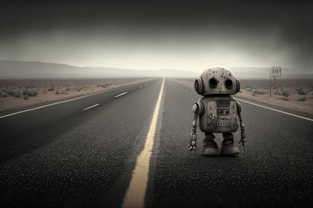 lonely sad robot walking along desolate highway, created with generative aiの素材
