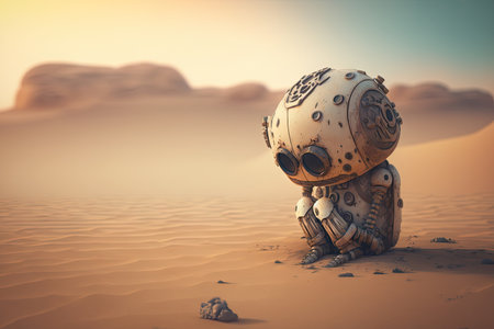 lonely sad robot sitting on deserted planet, created with generative aiの素材