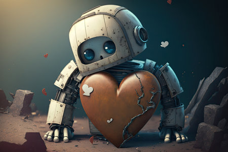 vulnerable sad robot with open heart in space, created with generative aiの素材