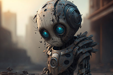 cyborg sad robot with large head and bright eyes, created with generative aiの素材