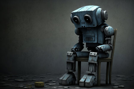 lonely sad robot sitting on stool in gray blue tones, created with generative aiの素材