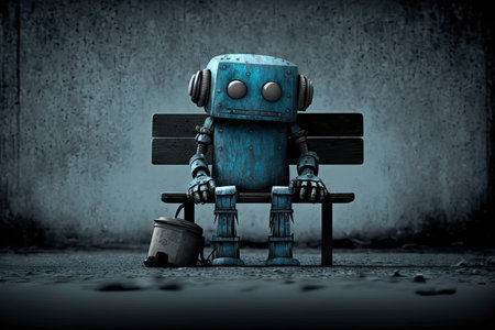 lonely sad robot sitting on stool in gray blue tones, created with generative aiの素材