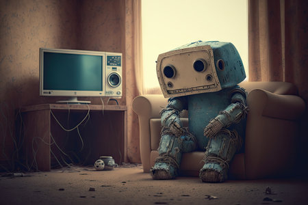 overcoming with sadness sad robot sitting in room, created with generative aiの素材