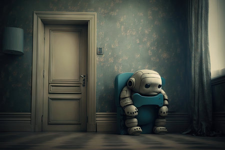 overcoming with sadness sad robot sitting in room, created with generative aiの素材