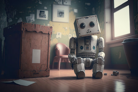overcoming with sadness sad robot sitting in room, created with generative aiの素材