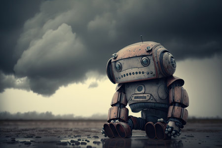 sad robot sitting on ground against backdrop of cloudy sky, created with generative aiの素材