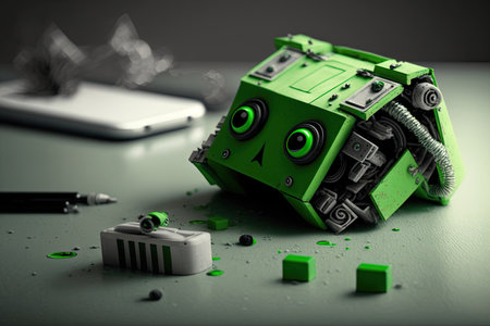 bright green eyes disassembled sad robot lying on table, created with generative aiの素材