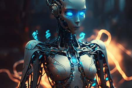 beautiful futuristic sad robot with glowing eyes and engraved body parts, created with generative aiの素材