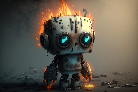 sad robot with burning head and big eyes, created with generative aiの素材