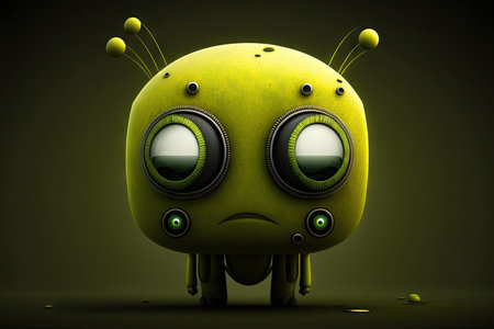 yellow green sad robot with big eyes and even more sad look, created with generative aiの素材