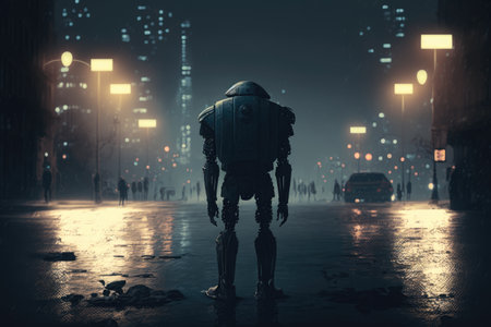 lonely sad robot standing in middle of dark night city, created with generative aiの素材