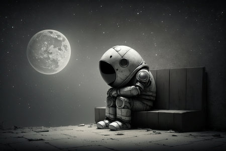 sad robot sitting in empty gray room against background of moon and stars, created with generative aiの素材