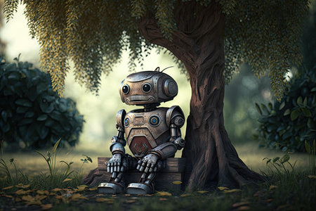 lonely sad robot sitting under tree in garden, created with generative aiの素材