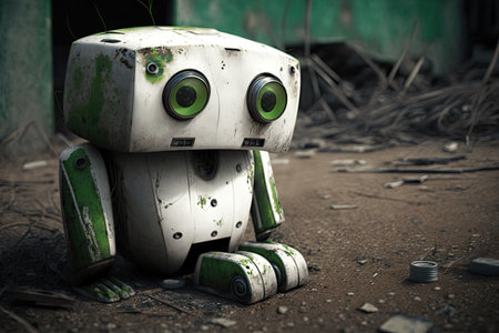 white abandoned sad robot with bright green eyes, created with generative aiの素材
