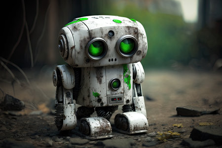 white abandoned sad robot with bright green eyes, created with generative aiの素材
