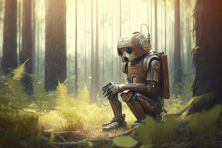 lonely sad robot sitting in sunny glade against background of forest, created with generative aiの素材