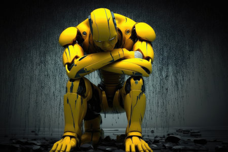 humanoid robot with bright yellow hands sad robot, created with generative aiの素材