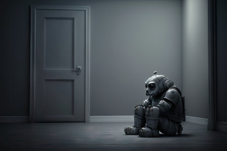 lonely sad robot sitting in gloomy room on dark gray background, created with generative aiの素材