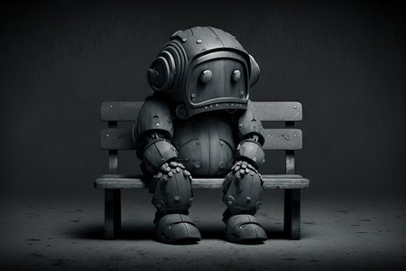 lonely sad robot sitting in gloomy room on dark gray background, created with generative aiの素材
