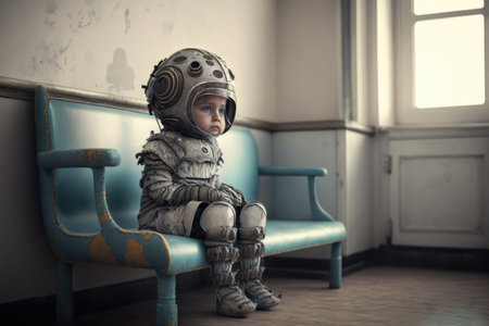 sad robot girl with sad eyes sitting in room, created with generative aiの素材