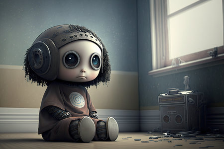 sad robot girl with sad eyes sitting in room, created with generative aiの素材