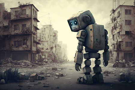 sad robot going through city and seeing its ruined buildings, created with generative aiの素材