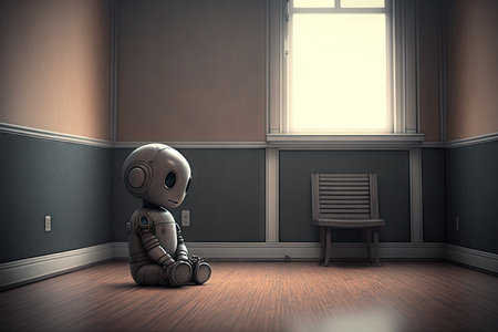 lonely sad robot sitting in empty room, created with generative aiの素材