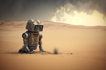 sad robot sitting alone in desert after apocalypse, created with generative aiの素材