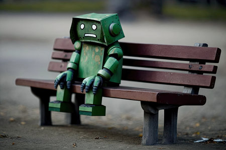 sad robot with empty green eyes sitting on bench at park, created with generative aiの素材