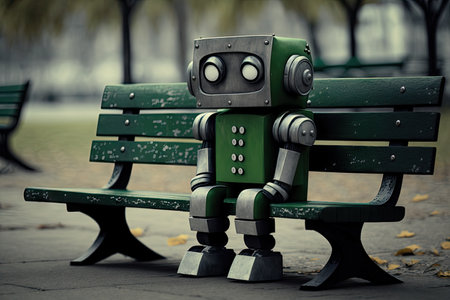 sad robot with empty green eyes sitting on bench at park, created with generative aiの素材