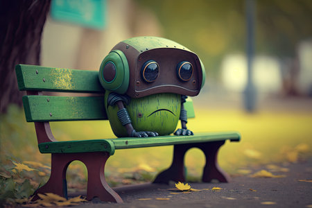 sad robot with empty green eyes sitting on bench at park, created with generative aiの素材