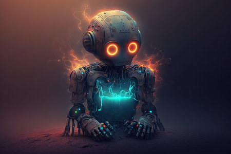 lonely sad robot with illuminated screen on his chest, created with generative aiの素材