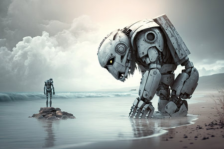 adult robot in form of man standing on shore and crying sad robot, created with generative aiの素材