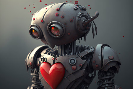 robot who feels sadness from red hearts with tear on eyelid, created with generative aiの素材
