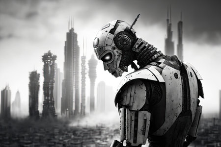 black and white image of sad robot against background of futuristic city, created with generative aiの素材
